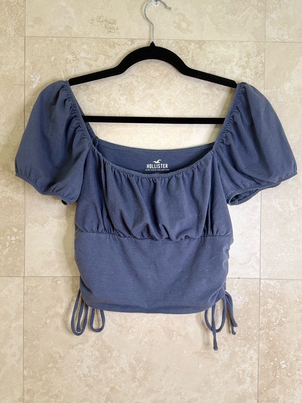 Hollister Dusty Blue Puff Sleeve Square Neck Top Size L